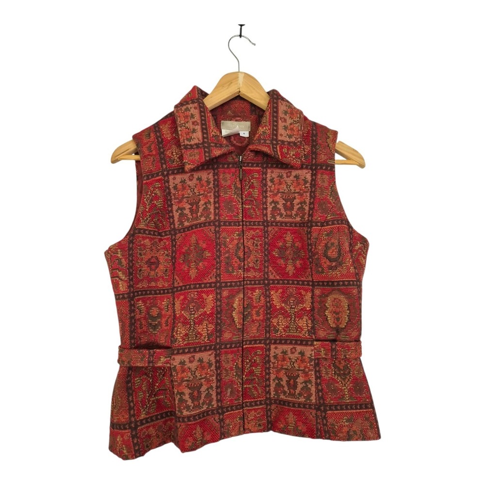 The Territory Ahead Vintage Tapestry Vest Womens 6 Red Floral Carpet Print Boho